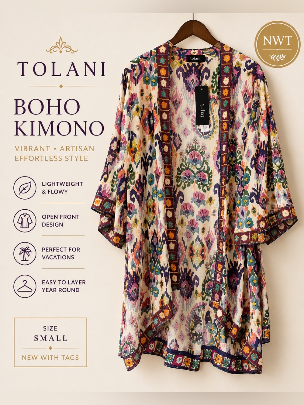 Tolani NWT Boho Printed Open Front Kimono Cover Up Size Small Festival Resort